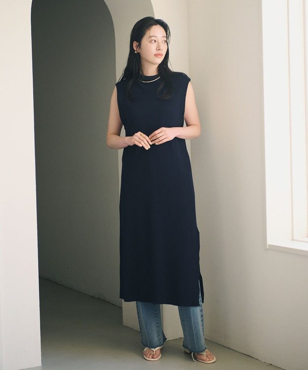 #Newans 【洗える】サーマルノースリーブワンピース ネイビー系