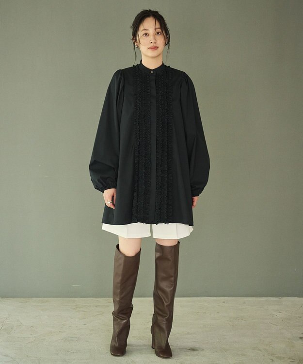 #Newans 【シワになりにくい/洗濯機可能】ロングフリルチュニック ネイビー