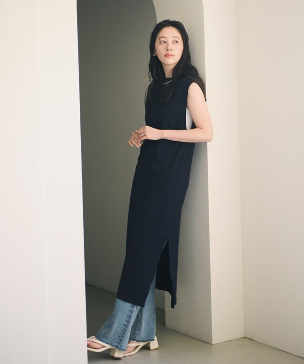 #Newans 【洗える】サーマルノースリーブワンピース ネイビー系