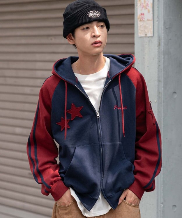 WEGO 【ユニセックス着用ITEM】ラインラグランZIPパーカー ネイビー