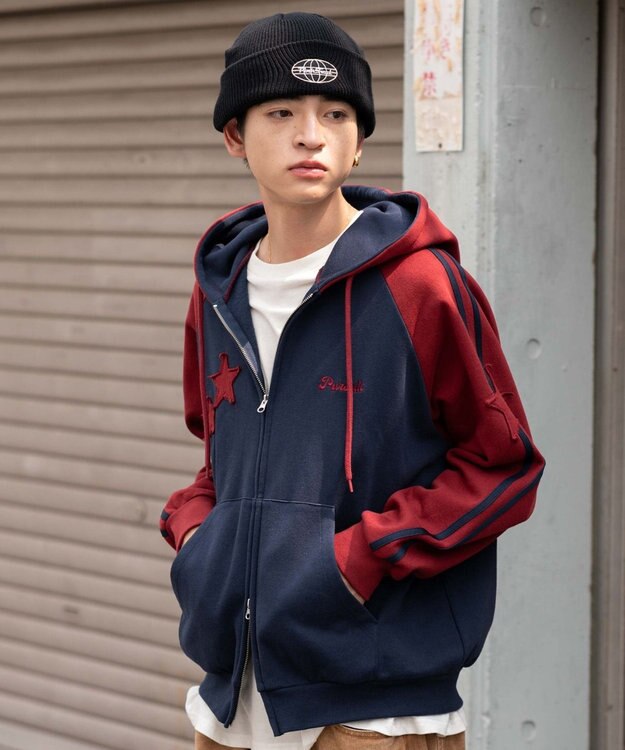 WEGO 【ユニセックス着用ITEM】ラインラグランZIPパーカー ネイビー