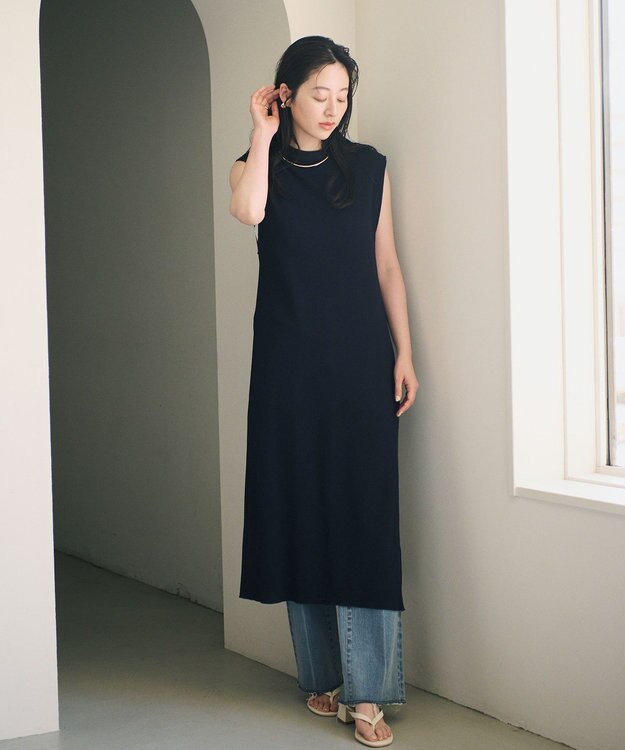 #Newans 【洗える】サーマルノースリーブワンピース ネイビー系