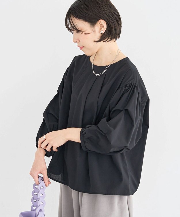 Green Parks イージーケア袖タックブラウス Black