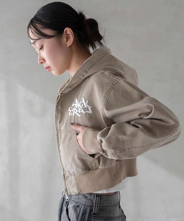 WEGO ヴィンテージウォッシュショートフードブルゾン ベージュ