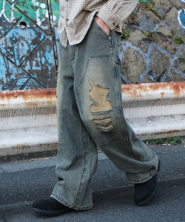 WEGO ダブルニーダメージデニムパンツ デニム淡加工色