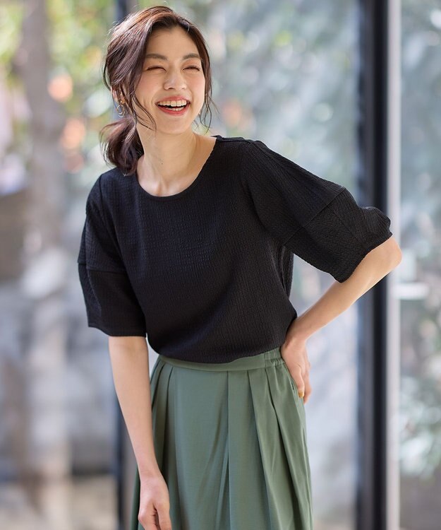 ANY L シャーリングランタンスリーブトップス ブラック