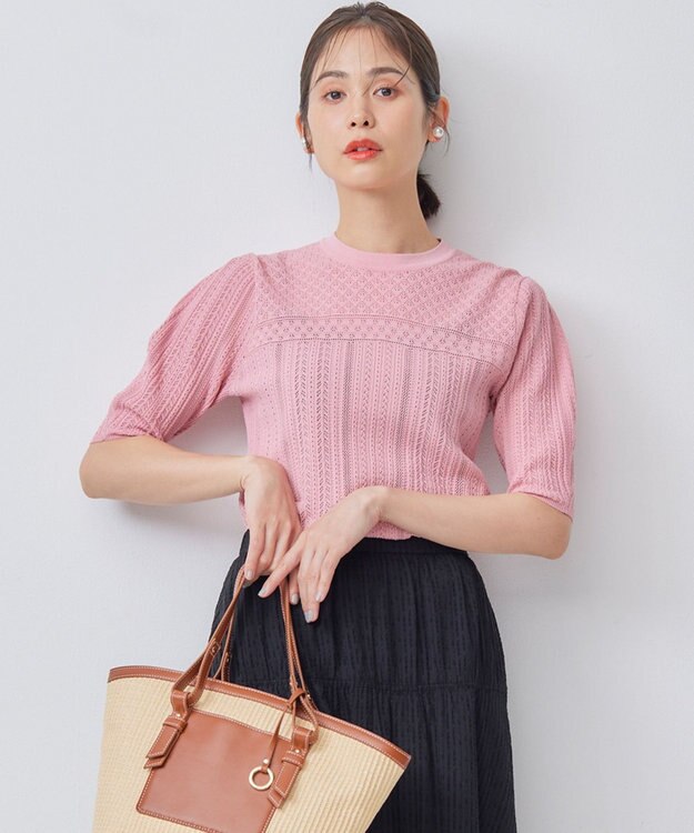 組曲 L 【WEB限定】編地切り替え 半袖ニット ピーチ系