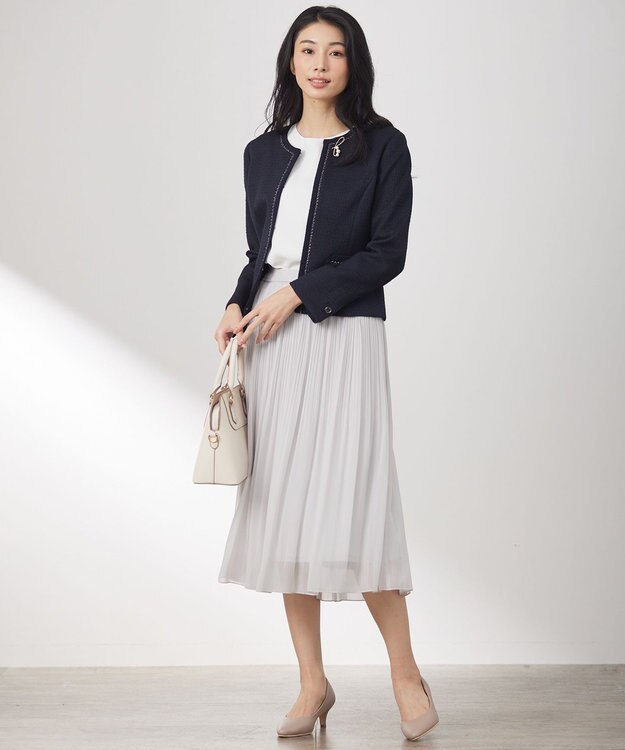 ANY SIS L リップルボーダーストレッチ ノーカラージャケット ネイビー