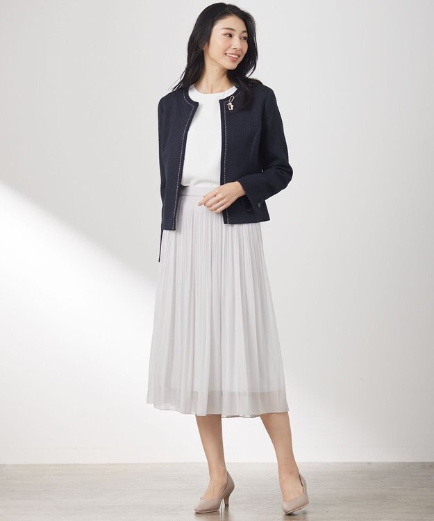 ANY SIS リップルボーダーストレッチ ノーカラージャケット ネイビー