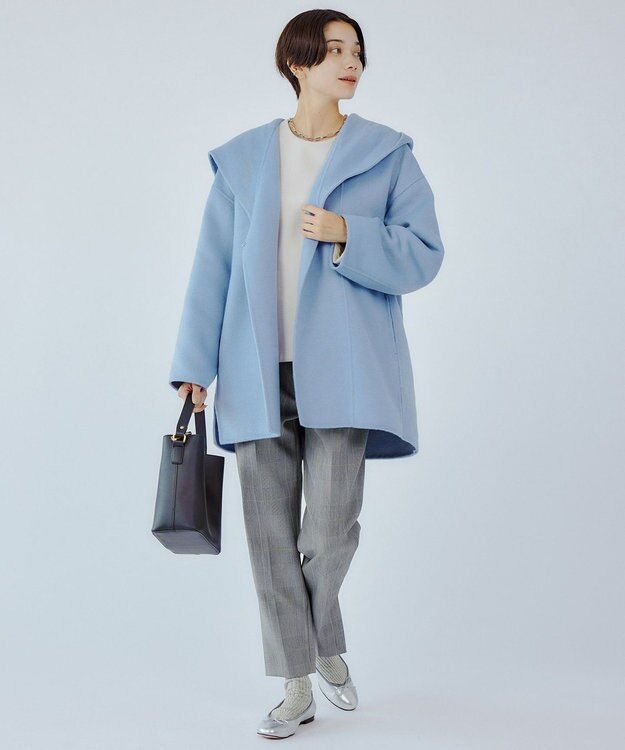 UNFILO 【撥水】ウール混リバー フーデットコート スカイブルー系