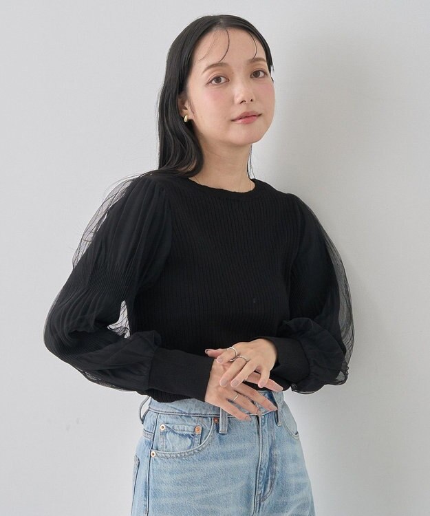 earth music&ecology マジョリカプリーツチュールニットプルオーバー Black