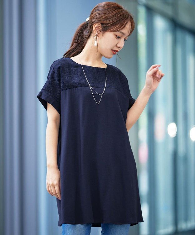 Tiaclasse L 【洗える】シアーコンビチュニックブラウス ネイビー