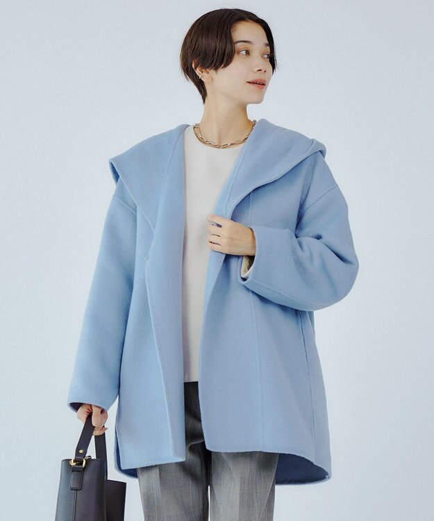 UNFILO 【撥水】ウール混リバー フーデットコート スカイブルー系