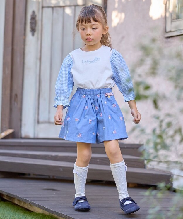 ANY KIDS 袖ギンガム 七分袖 Tシャツ オフホワイト×ブルーギンガム