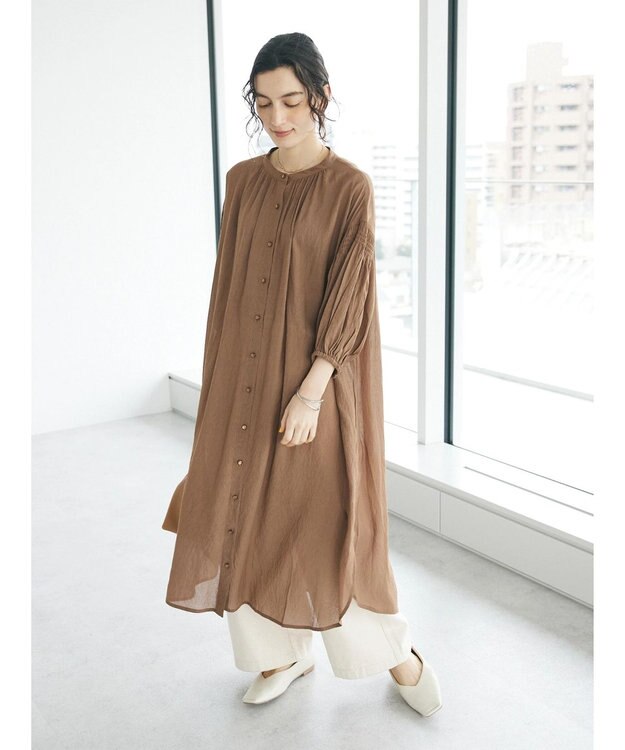 CRAFT STANDARD BOUTIQUE ウ゛ィンテージボイル袖シャーリングワンピース Brown