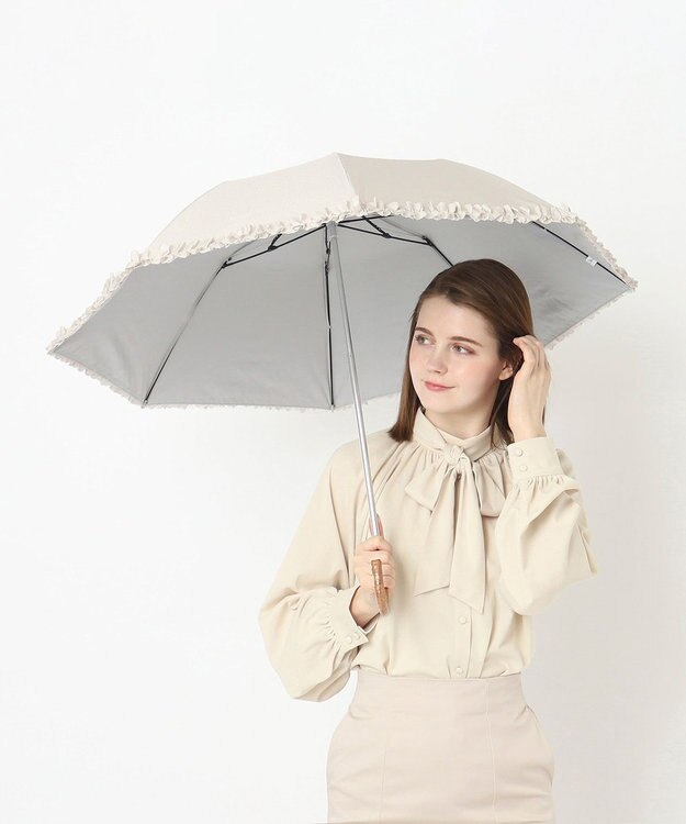 MOONBAT ランバン オン ブルー 晴雨兼用日傘 折りたたみ傘 ドビー×フリル 遮光 遮熱 UV ベージュ