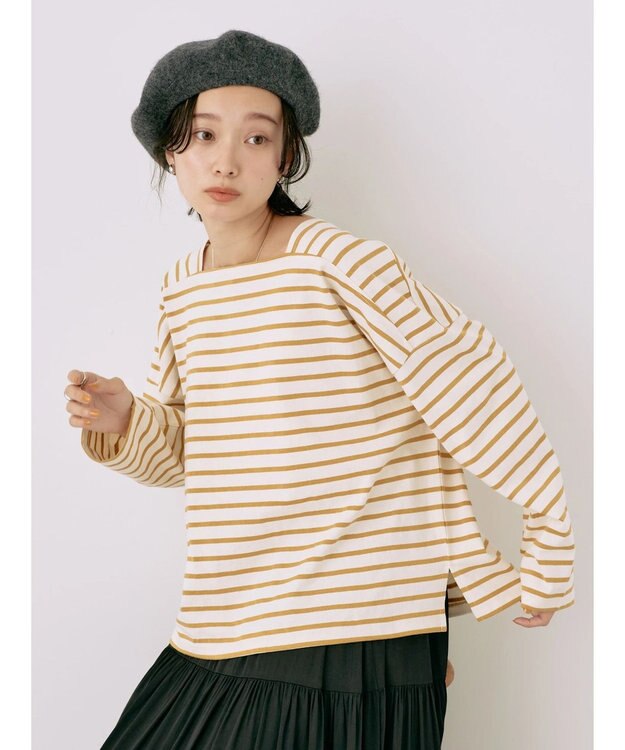 earth music&ecology スクエアボーダープルオーバー Mustard