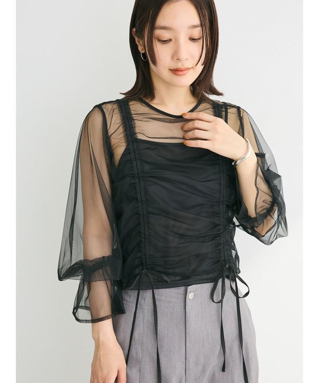 Green Parks ・ＥＬＥＮＣＡＲＥ　ＤＵＥ　チュールギャザーブラウス Black