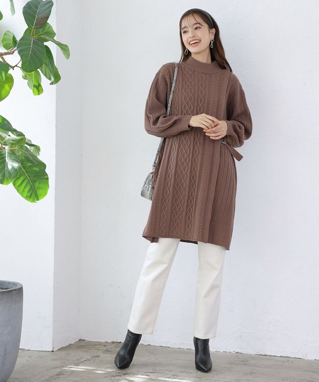 Tiaclasse アラン柄ニットチュニックワンピース モカ