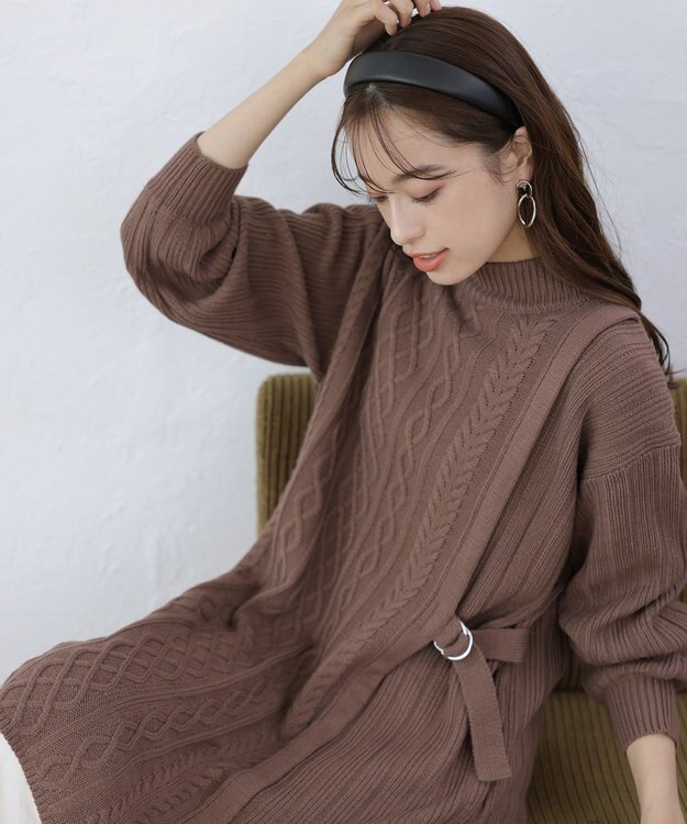 Tiaclasse アラン柄ニットチュニックワンピース モカ