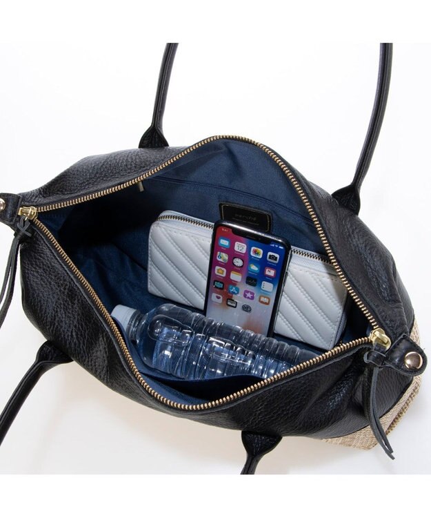 UNBILLION ペルケ perche / 雑材風×牛革付属横長ボストン ブラック