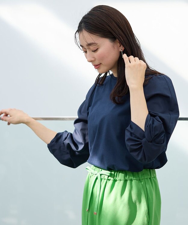 ANY 【洗濯機可/UVケア/アンチピリング】布帛ねじり袖コンビプルオーバー ネイビー