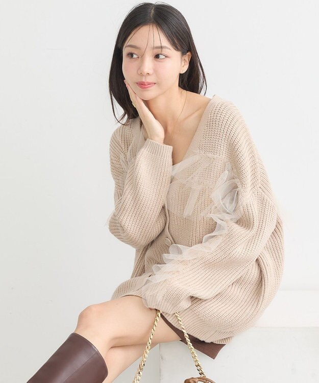 earth music&ecology チュールフリルカーディガン Beige
