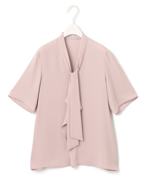 ICB L 【接触冷感・UVケア・速乾・洗える】BackSatinAmunzen 5分袖Vネックボウタイブラウス ヘイズピンク系