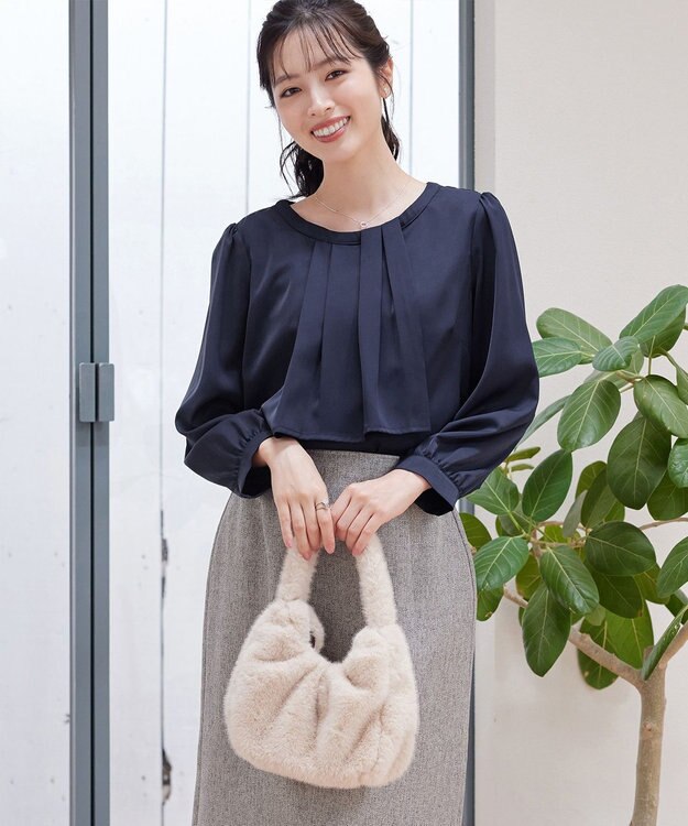 Tiaclasse 【洗える】アシンメトリードレープブラウス ネイビー