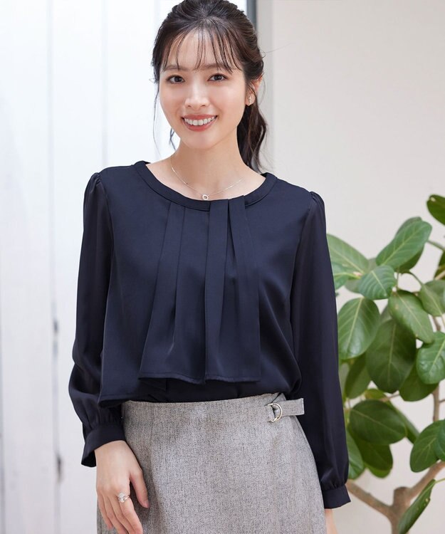 Tiaclasse 【洗える】アシンメトリードレープブラウス ネイビー