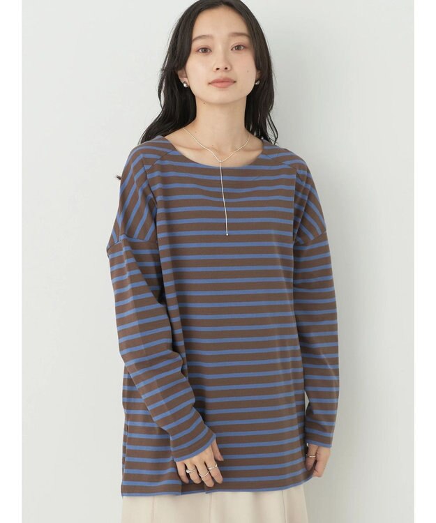 earth music&ecology バック釦ボーダーチュニック Brown