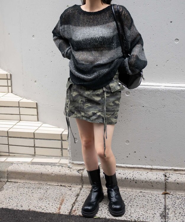 WEGO ボーダーモヘアタッチメッシュニットプルオーバー グレー