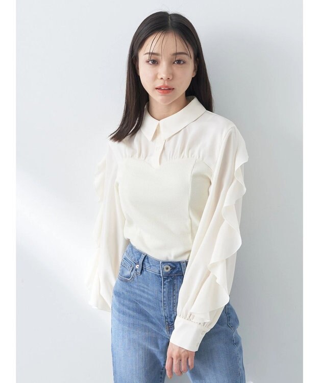 earth music&ecology ドッキングフリルシャツ見えプルオーバー Ivory