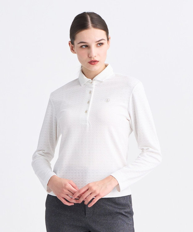 23区GOLF 【WOMEN】モノグラムジャガード長袖ポロシャツ ホワイト系