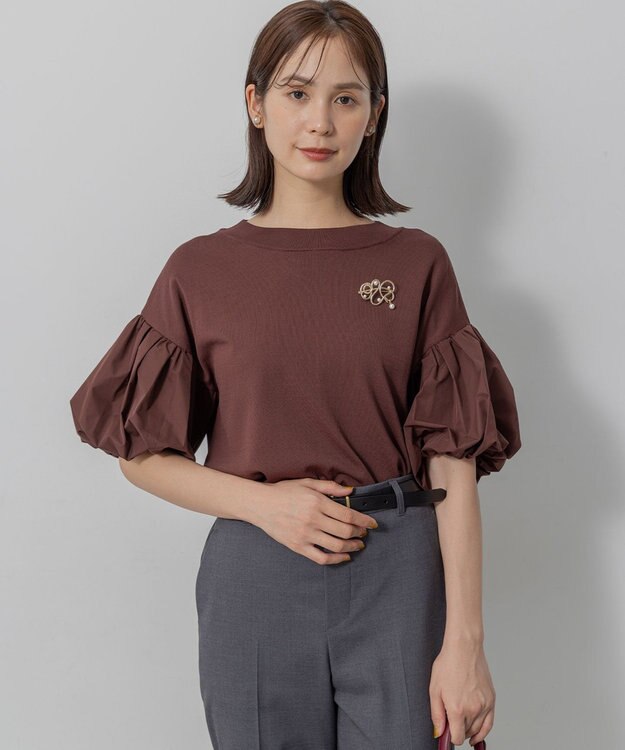 組曲 ストレッチクリアパフ袖 ニット ブラウン系