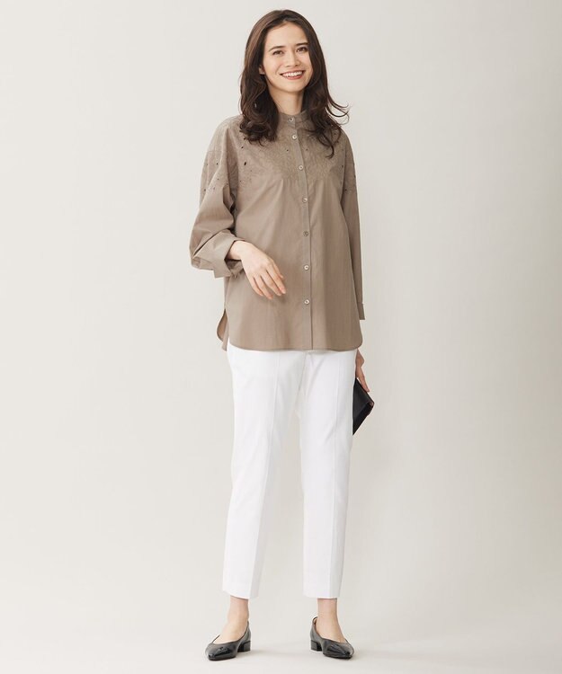 自由区 【洗える】テンセルコットンエンブロイダリーシャツ ブラウス モカ