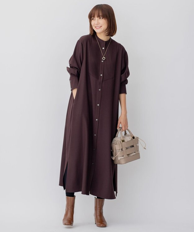 23区 L 【CLASSY.コラボ/洗える】ウールストレッチツイル ピンタック ワンピース [WEB限定]ダークブラウン系