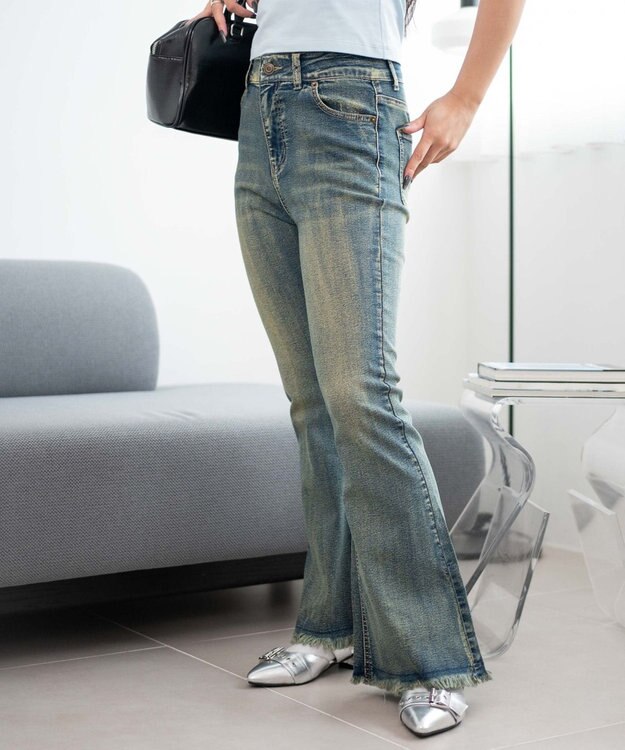 WEGO レースアップフリンジストレッチフレアデニムパンツ デニム中濃加工色