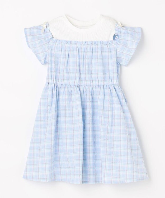 ANY KIDS 【洗濯機可能】オンオフショルダーワンピース サックスブルー×チェック