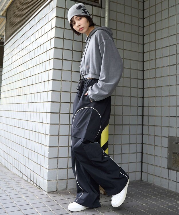 WEGO 【ユニセックス着用ITEM/ウエストゴム】イージーパイピングカーゴパンツ ブラック