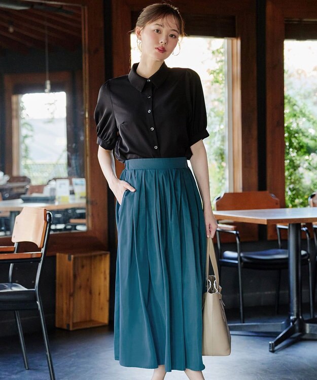 Tiaclasse 【軽撥水・汚れ防止】ランダムタックロングスカート グリーン