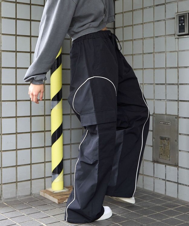 WEGO 【ユニセックス着用ITEM/ウエストゴム】イージーパイピングカーゴパンツ ブラック
