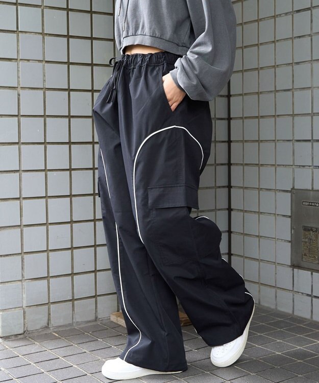WEGO 【ユニセックス着用ITEM/ウエストゴム】イージーパイピングカーゴパンツ ブラック