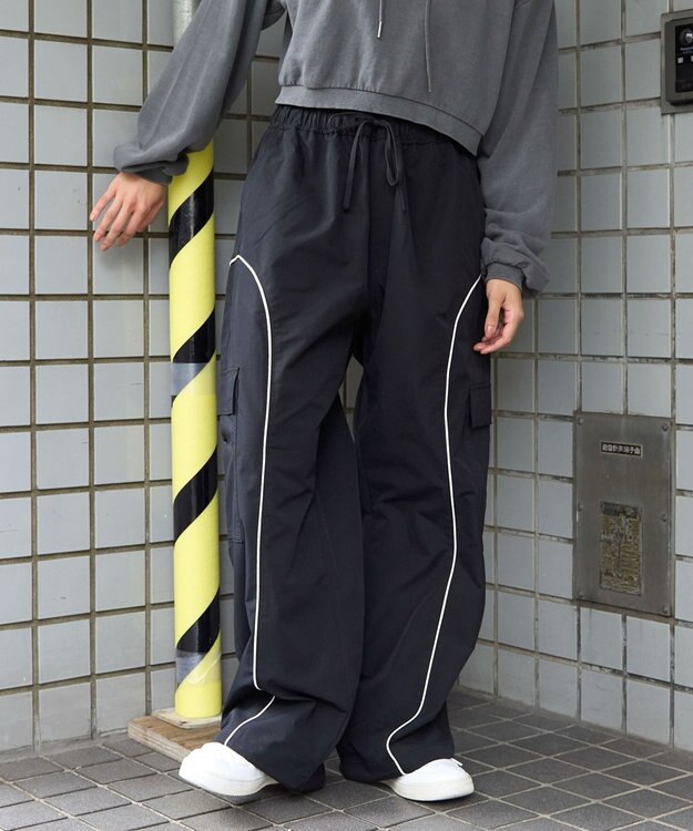 WEGO 【ユニセックス着用ITEM/ウエストゴム】イージーパイピングカーゴパンツ ブラック