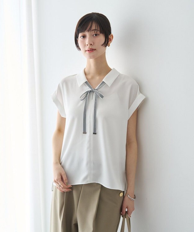 YECCA VECCA 2wayストライプリボンブラウス Off White