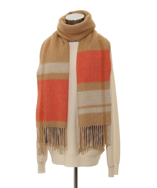 MOONBAT 【洗える】FURLA ウール100%超大判ブロックチェックストールマフラー／幅70cm キャメル