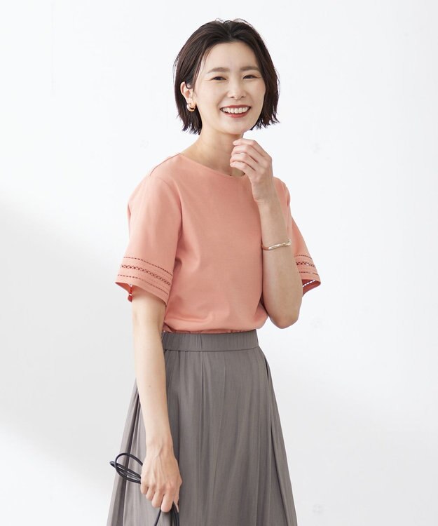 J.PRESS LADIES S 【接触冷感・UVケア】コンパクトコットンスムース 刺繍スリーブ カットソー ピンク系