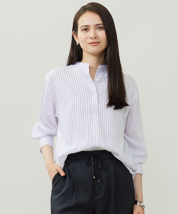 自由区 L SOMELOSバンドカラー ブラウス モーヴストライプ