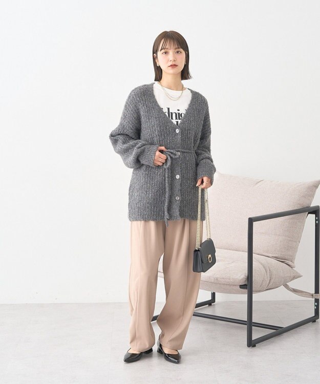 earth music&ecology 【ベルト付き】ＭＩＸカラーブークレカーディガン Charcoal Gray