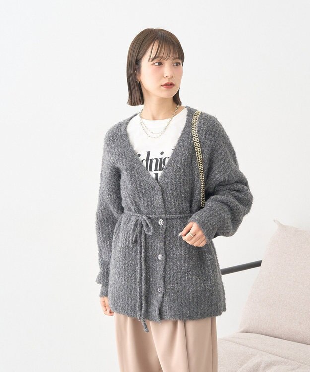 earth music&ecology 【ベルト付き】ＭＩＸカラーブークレカーディガン Charcoal Gray